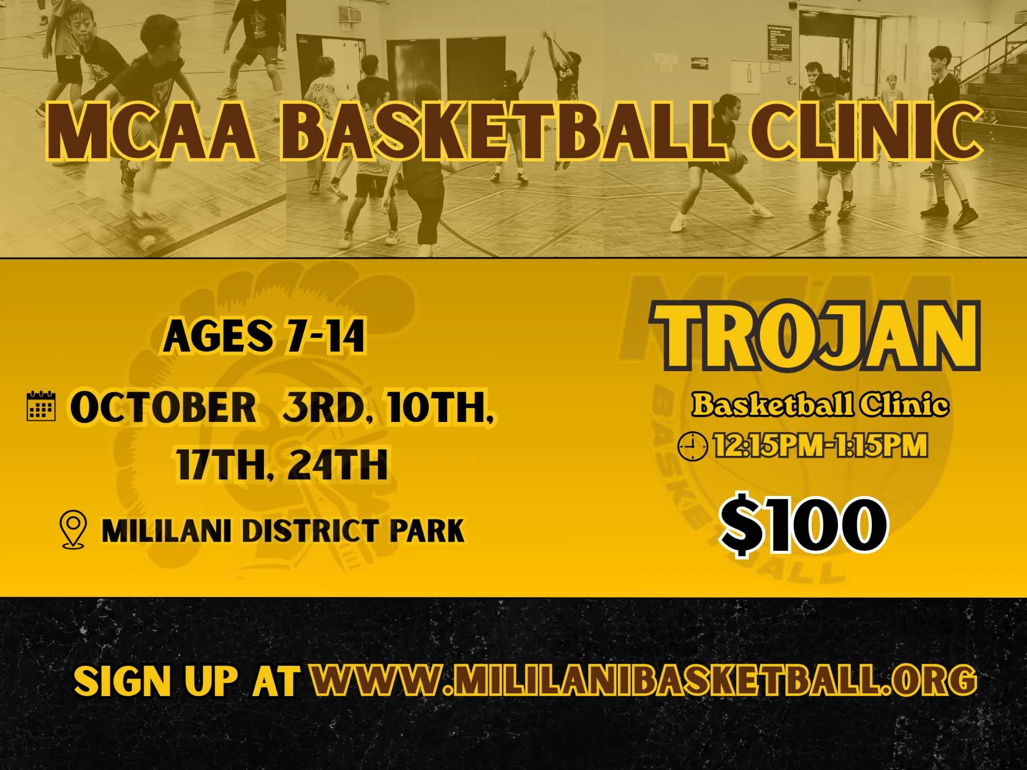 MCAA Trojan Basketball Clinic flyer — ages 7-14, October 3, 10, 17 and 24 at Mililani District Park, 12:15-1:15 PM, $100